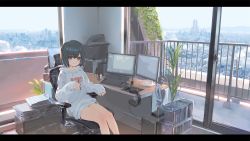 Rule 34 | 1girl, :3, balcony, black hair, blush, brown eyes, building, chair, city, cityscape, closed mouth, cloud, commentary request, computer, computer tower, cup, desk, drawing tablet, electric fan, file cabinet, foliage, glass door, hand fan, headphones, headphones removed, holding, holding pen, hood, hood down, hoodie, indoors, izumi sai, keyboard (computer), laundry pole, legs, letterboxed, long sleeves, looking at viewer, monitor, mountainous horizon, no pants, office chair, original, paper, paper stack, pen, plant, potted plant, railing, scenery, short hair, sitting, sky, skyscraper, sleeves past wrists, smile, solo, swivel chair, white hoodie, window