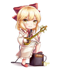 Rule 34 | 1girl, absurdres, amplifier, blonde hair, bow, bow (music), cable, chibi, dress, erhu, frilled dress, frills, furrowed brow, grin, hair between eyes, hair bow, highres, holding, holding instrument, instrument, juliet sleeves, leg up, long sleeves, looking at viewer, neck ribbon, nyungsep, puffy sleeves, red footwear, red ribbon, ribbon, satsuki rin, short hair, simple background, slippers, smile, solo, standing, touhou, white background, white dress, yellow eyes