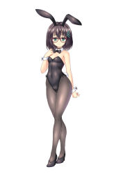 Rule 34 | 1girl, animal ears, black bow, black bowtie, black hair, black leotard, black pantyhose, bow, bowtie, breasts, commentary request, covered navel, crossed legs, detached collar, full body, glasses, green eyes, hair ornament, hairclip, highres, hizuki aki, leotard, looking at viewer, original, pantyhose, playboy bunny, rabbit ears, rabbit tail, red-framed eyewear, short hair, simple background, small breasts, solo, standing, strapless, strapless leotard, tail, watson cross, white background, wrist cuffs