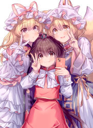 Rule 34 | 3girls, absurdres, animal ears, blonde hair, blush, bow, bowtie, brown eyes, brown hair, cat ears, cat girl, cellphone, chen, closed mouth, commentary request, fox girl, fox tail, gloves, hair between eyes, hat, highres, holding, holding phone, long hair, long sleeves, looking at viewer, masanaga (tsukasa), mob cap, multiple girls, open mouth, phone, purple eyes, red skirt, short hair, simple background, skirt, smile, tail, touhou, v, white background, white bow, white bowtie, white gloves, white headwear, yakumo ran, yakumo yukari, yellow eyes