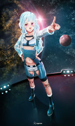 Rule 34 | 1girl, alpha (acerailgun), android, artist name, blue hair, borrowed character, doll joints, flat chest, full body, hand on own hip, jacket, joints, lens flare, long hair, navel, original, pink eyes, planet, pointing, roguetwo, solo, space, standing