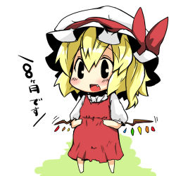 Rule 34 | 1girl, ariyoshi gen, bad id, bad pixiv id, blonde hair, fang, female focus, flandre scarlet, hat, lowres, open mouth, ponytail, pregnant, short hair, side ponytail, solo, embodiment of scarlet devil, touhou, translated, wings