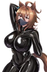 Rule 34 | 1girl, agnes tachyon (umamusume), ahoge, alternate costume, animal ears, arm up, black bodysuit, black mask, blush, bodysuit, breasts, brown hair, commentary request, cowboy shot, earrings, hair between eyes, hand on own chest, highres, horse ears, horse girl, horse tail, jewelry, large breasts, latex, latex bodysuit, mask, miya nns35, mouth mask, red eyes, short hair, simple background, single earring, solo, tail, umamusume, white background