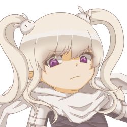 Rule 34 | 1girl, angry, rabbit hair ornament, closed mouth, hair ornament, looking at viewer, maplestory, mole, mole under eye, orca (inazuma eleven), purple eyes, scarf, silver hair, simple background, solo, twintails, user agcy7775, white background