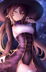 Rule 34 | 1girl, ;), absurdres, breasts, brown hair, candy, dress, food, genshin impact, halloween costume, hat, highres, hu tao (genshin impact), jewelry, long sleeves, looking at viewer, nail polish, neit ni sei, night, night sky, one eye closed, red eyes, ring, sideboob, sky, small breasts, smile, symbol-shaped pupils, thighhighs, twintails, witch hat
