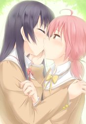 Rule 34 | 10s, 2girls, ahoge, arms up, black hair, blazer, blush, closed eyes, clothes grab, commentary request, fujieiji, hand on another&#039;s face, hand on another&#039;s shoulder, holding hands, jacket, kiss, koito yuu, long hair, long sleeves, looking at another, low twintails, multiple girls, nanami touko, neck ribbon, pink hair, popped collar, red neckwear, ribbon, school uniform, short hair, tree, twintails, upper body, white background, yagate kimi ni naru, yellow eyes, yellow neckwear, yuri