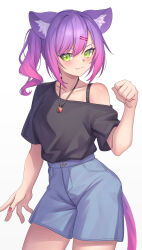 Rule 34 | 1girl, absurdres, animal ear fluff, animal ears, aoi zerii, blush, breasts, cat ears, cat girl, cat tail, collarbone, gradient hair, green eyes, highres, hololive, looking at viewer, medium hair, multicolored hair, pink hair, purple hair, side ponytail, smile, tail, tokoyami towa, virtual youtuber