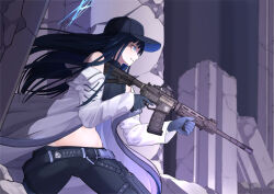 Rule 34 | 1girl, assault rifle, blue archive, gun, kakimoto nao, m4 carbine, m4a1 (girls&#039; frontline), midriff, navel, pants, rifle, saori (blue archive), weapon