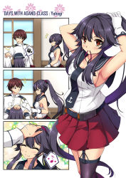 Rule 34 | +++, 10s, 1boy, 3girls, admiral (kancolle), akatsuki (kancolle), anchor symbol, black hair, breasts, brown hair, comic, commentary, english text, floral background, gloves, hair between eyes, hair tie, hand in own hair, hand on another&#039;s head, hat, headpat, heart, hibiki (kancolle), highres, kantai collection, long hair, looking at another, medium breasts, military, military uniform, mouth hold, multiple girls, musical note, orange eyes, ponytail, pout, pouty lips, quaver, red skirt, room, sailor collar, sheita, shirt, short hair, sideboob, silent comic, single thighhigh, skirt, smile, speech bubble, spoken heart, spoken musical note, spoken squiggle, squiggle, thighhighs, uniform, white gloves, white hair, white shirt, yahagi (kancolle)