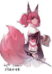 Rule 34 | 1girl, absurdres, animal ear fluff, animal ears, arknights, black jacket, commentary request, cowboy shot, cropped legs, dated, dress, from behind, highres, holding, jacket, long sleeves, looking at viewer, looking back, off shoulder, parted lips, pink hair, puffy long sleeves, puffy sleeves, red eyes, shamare (arknights), simple background, solo, stuffed animal, stuffed dog, stuffed toy, su-liangci, tail, twintails, white background, white dress