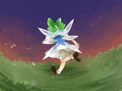 Rule 34 | 1girl, bad id, bad pixiv id, blue hair, bow, cirno, dress, from behind, hair bow, hammer (sunset beach), ribbon, running, short hair, solo, touhou, wings