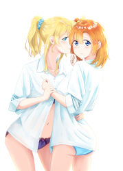 Rule 34 | 10s, 2girls, absurdres, ass, ayase eli, bare legs, blonde hair, blue eyes, blue panties, blue scrunchie, blush, clenched hands, closed eyes, closed mouth, collarbone, collared shirt, commentary request, couple, embarrassed, female focus, friends, hair between eyes, hair ornament, hair scrunchie, hands up, highres, holding another&#039;s wrist, hug, imminent kiss, kosaka honoka, legs, looking at viewer, looking back, looking to the side, love live!, love live! school idol project, midriff, multiple girls, navel, neck, one side up, open clothes, open shirt, orange hair, panties, ponytail, purple panties, ribbon, school uniform, scrunchie, shirt, short hair, short hair with long locks, short sleeves, shy, simple background, smile, standing, surufuji, traditional media, unbuttoned, underwear, wavy mouth, white background, white shirt, yellow ribbon, yuri