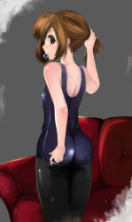 Rule 34 | 00s, 1girl, alternate hairstyle, ass, brown eyes, brown hair, couch, hairdressing, highres, hirasawa yui, k-on!, looking back, mouth hold, mr chwadee, one-piece swimsuit, pantyhose, pantyhose under swimsuit, ponytail, profile, red upholstery, school swimsuit, short hair, solo, swimsuit
