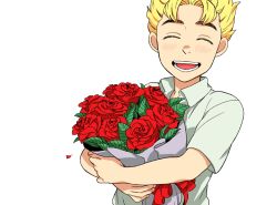 Rule 34 | 1boy, blonde hair, bouquet, closed eyes, flower, hirose koichi, holding, holding bouquet, jojo no kimyou na bouken, male focus, mikey uo, open mouth, petals, rose, rose petals, simple background, smile, solo, upper body, white background
