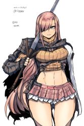 Rule 34 | 1girl, blue eyes, blush, breasts, cape, curvy, eyepatch, gauntlets, large breasts, long hair, midriff, navel, original, parted lips, pink hair, pleated skirt, sigama, skirt, solo, sword, thigh gap, very long hair, weapon, wide hips