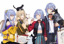 Rule 34 | 4girls, ak-12 (girls&#039; frontline), ak-15 (girls&#039; frontline), alternate costume, alternate hair color, alternate hairstyle, an-94 (girls&#039; frontline), animal, aqua eyes, artist name, badge, bag, belt, black choker, black pants, blonde hair, blue skirt, breasts, camouflage, camouflage jacket, cat, choker, closed eyes, closed mouth, commentary request, defy (girls&#039; frontline), dog, girls&#039; frontline, glasses, hair between eyes, hair ornament, hairclip, harness, holding, holding animal, holding bag, holding cat, holding dog, holding hands, hood, hoodie, jacket, long hair, looking away, medium hair, multiple girls, open mouth, pants, patch, playing, ponytail, purple eyes, purple hair, rpk-16 (girls&#039; frontline), shirt, shopping bag, silayloe, skirt, tail, tail wagging, white background, white shirt, yellow jacket