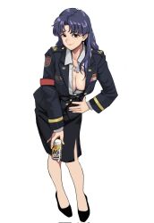 Rule 34 | 1girl, armband, beer can, breasts, can, cross, cross necklace, drink can, earrings, greek cross, highres, jacket, jewelry, katsuragi misato, large breasts, leaning forward, legs, long hair, looking at viewer, military jacket, military uniform, necklace, neon genesis evangelion, open clothes, open jacket, parted bangs, purple hair, red armband, simple background, skirt, smile, solo, uniform, wani (perfect han), white background