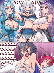 5girls absurdres aged_up ara_ara arms_under_breasts blue_eyes blue_hair blush breasts closed_eyes closed_mouth crossed_arms drooling gawr_gura hair_ornament halo hands_on_own_hips highres hololive hololive_english hololive_indonesia horns irys_(hololive) kobo_kanaeru koseki_bijou large_breasts long_hair multicolored_hair multiple_girls nightmare open_mouth ouro_kronii pointy_ears purple_eyes shark_hair_ornament sleeping streaked_hair twitter_username two-tone_hair varliet virtual_youtuber wavy_hair white_hair wide-eyed yuri