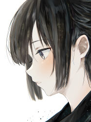 Rule 34 | 1girl, absurdres, black eyes, black hair, black theme, blush, from side, highres, isarameme, looking away, looking down, open mouth, original, portrait, profile, serious, simple background, solo, white background
