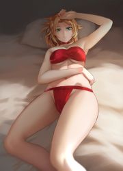 Rule 34 | 1girl, bare arms, bare shoulders, blonde hair, bra, breasts, check commentary, commentary request, fate/grand order, fate (series), frown, gan-viking, green eyes, highres, long hair, looking at viewer, lying, medium breasts, mordred (fate), mordred (fate/apocrypha), navel, on back, panties, parted bangs, red bra, red panties, sleeveless, solo, underwear