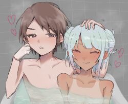 Rule 34 | 1boy, 1girl, 2023, 20s, bare shoulders, bath, bathroom, bathtub, bite mark, blush, breasts, brother and sister, brown eyes, brown hair, casual nudity, closed eyes, collarbone, completely nude, grey hair, hand on another&#039;s head, heart, hetero, incest, indoors, inseki, kamisato kakeru, looking at another, matching hair/eyes, medium breasts, medium hair, mixed bathing, navel, nude, partially submerged, salome (toaru majutsu no index), sekainohate, short hair, siblings, sitting, smile, stitches, tan, tanline, toaru majutsu no index, water, wet