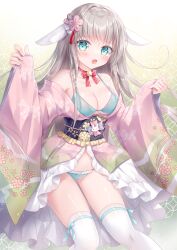 Rule 34 | 1girl, :d, animal ears, bare shoulders, blue bra, blue panties, bra, breasts, cleavage, collarbone, commentary request, floral print, flower, frilled panties, frills, gradient background, green background, grey hair, hair flower, hair ornament, highres, japanese clothes, kimono, kohinata hoshimi, long hair, long sleeves, looking at viewer, medium breasts, obi, off shoulder, open mouth, original, panties, pinching sleeves, pink flower, pink kimono, print kimono, rabbit ears, resolution mismatch, sash, sleeves past wrists, smile, source smaller, thighhighs, underwear, very long hair, white background, white thighhighs, wide sleeves