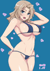 Rule 34 | 10s, 1girl, arm behind head, arm up, bikini, black bikini, blue background, blue eyes, blush, breasts, brown hair, commentary request, contrapposto, cowboy shot, dated, girls und panzer, hair intakes, hand on own hip, heart, kay (girls und panzer), large breasts, long hair, looking at viewer, micro bikini, mordeth, navel, open mouth, simple background, smile, solo, standing, swimsuit