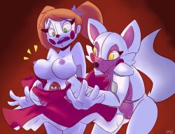 Rule 34 | assisted exposure, circus baby (fnaf), bow, breasts, clown, colored skin, female focus, five nights at freddy&#039;s, five nights at freddy&#039;s: sister location, fox, funtime foxy, green eyes, jailbait knight, joints, nipples, open mouth, pale skin, purple bow, pussy, red nose, robot, robot joints, white fur, white skin, yellow eyes