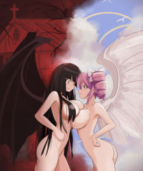 Rule 34 | 2girls, absurdres, angel, angel wings, atre, black hair, blush, breasts, closed mouth, demon girl, demon wings, drill hair, fang, hair ribbon, highres, jashin-chan dropkick, large breasts, long hair, looking at another, multiple girls, nude, pink eyes, pink hair, pino (jashin-chan dropkick), red eyes, ribbon, smile, wings