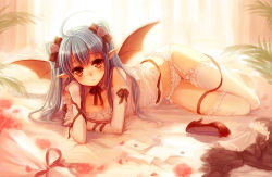 Rule 34 | 1girl, bat wings, blue hair, blush, breasts, cleavage, elbow gloves, frills, garter belt, garter straps, gloves, hair ribbon, high heels, lingerie, looking at viewer, lying, on side, original, panties, pointy ears, red eyes, ribbon, shoes, small breasts, solo, sunlight, thighhighs, twintails, underwear, white panties, white thighhighs, wings, yashiro seika