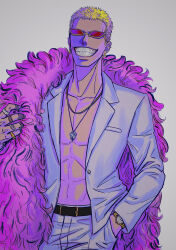 Rule 34 | 1boy, absurdres, blonde hair, coat, darth niyard, donquixote doflamingo, earrings, feather coat, grey background, grin, hand in pocket, highres, jewelry, male focus, multiple rings, necklace, one piece, open clothes, open shirt, pink coat, ring, shirt, short hair, smile, solo focus, sunglasses, upper body, watch, white shirt, wristwatch