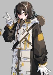 Rule 34 | 1girl, :d, arknights, black coat, blush, brown eyes, brown hair, caebeans, coat, cowboy shot, gloves, grey background, hand up, long sleeves, looking at viewer, magallan (arknights), mask, mask around neck, multicolored coat, multicolored hair, open mouth, respirator, short hair, simple background, smile, solo, streaked hair, two-tone coat, v, white coat, white gloves, white hair