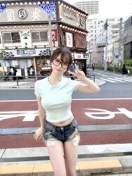 Rule 34 | 1girl, bicycle, black eyes, breasts, brown hair, city, denim, glasses, highres, jeans, jeans shorts, large breasts, legs, long legs, mature female, pants, photo (medium), presenting, real life, sexually suggestive, shorts, smile, v, yami chanbaekkailu