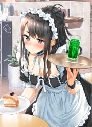 Rule 34 | 1girl, alternate costume, apron, b-ginga, black choker, black dress, black hair, blush, breasts, cake, cake slice, choker, cleavage, closed mouth, collarbone, commentary request, cup, dress, drink, drinking glass, drinking straw, enmaided, food, frilled apron, frills, frown, holding, holding plate, holding tray, idolmaster, idolmaster shiny colors, indoors, kazano hiori, leaning forward, long hair, looking at viewer, maid, maid apron, maid headdress, medium breasts, plant, plate, ponytail, potted plant, purple eyes, ribbon, sidelocks, solo, table, tile floor, tiles, tray, white apron, white ribbon, wrist cuffs