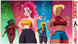 Rule 34 | 1990s (style), 4girls, ?, abs, absurdres, adelfi atlaiam, anime coloring, ass, bag, bangle, belt, belt buckle, bike shorts, bikini, black nails, blonde hair, blue eyes, bracelet, breasts, buckle, chrysalis (my little pony), cotton candy, covered erect nipples, crossover, dark-skinned female, dark skin, denim, earrings, eyebrows, eyeshadow, fangs, female focus, fingernails, gold, gradient background, green eyes, green hair, highres, hoop earrings, jeans, jewelry, judgement (series), kaminari house, laughing, long fingernails, lots of jewelry, m/, magenta eyes, makeup, medium breasts, multiple girls, muscular, muscular female, my little pony, nail polish, navel, nipples, ojou-sama pose, open mouth, pants, piercing, pink hair, pinkie pie, pointy ears, retro artstyle, ribs, satchel, scar, shiny skin, short shorts, shorts, skin tight, skinny, spiked bracelet, spikes, spoken question mark, standing, strapless, swimsuit, thick eyebrows, thick thighs, thighs, thought bubble, tight clothes, tube top, u00fdska atlaiam, very dark skin, vest