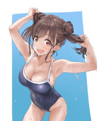Rule 34 | 1girl, armpits, arms up, blue one-piece swimsuit, blush, breasts, brown hair, cleavage, collarbone, commentary request, double bun, hair bun, hamedoragon, highleg, highleg swimsuit, holding, holding own hair, idolmaster, idolmaster shiny colors, large breasts, looking at viewer, one-piece swimsuit, partial commentary, school swimsuit, sideboob, simple background, smile, solo, sonoda chiyoko, swimsuit, twintails, two-tone background, water drop