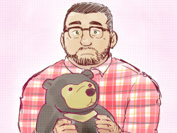 Rule 34 | 1boy, arm hair, bara, beard, belly, buzz cut, collared shirt, facial hair, glasses, holding, holding stuffed toy, male focus, mature male, mustache, original, red shirt, shirt, short hair, solo, stuffed animal, stuffed toy, suv (suv032), teddy bear, thick eyebrows, unfinished, upper body, very short hair