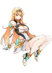 Rule 34 | 1girl, armor, bad id, bad pixiv id, bare shoulders, blonde hair, breasts, cleavage, dress, elbow gloves, gloves, headgear, highres, jewelry, large breasts, long hair, looking at viewer, mythra (xenoblade), nintendo, q-pra, simple background, smile, solo, white background, xenoblade chronicles (series), xenoblade chronicles 2, yellow eyes
