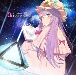 Rule 34 | 1girl, backless dress, backless outfit, blue eyes, book, commentary request, dress, galaxy, glasses, hat, hayashi kewi, light, long hair, looking at viewer, looking back, mob cap, musical note, nightgown, open book, patchouli knowledge, pink dress, pink hat, purple hair, sheet music, solo, space, staff (music), star (sky), touhou