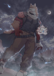 Rule 34 | 1boy, animal ear fluff, animal nose, bandaged hand, bandages, bara, belt, black belt, black collar, black shirt, body fur, brown fur, claws, coat, collar, cracked skin, crescent moon, destroycode, dutch angle, fangs, fog, furry, furry male, highres, jacket, looking to the side, male focus, moon, multiple belts, muscular, muscular male, night, open clothes, open coat, open jacket, orange eyes, original, outdoors, pectoral cleavage, pectorals, shirt, snout, solo, standing, watermark, will-o&#039;-the-wisp (mythology), wolf boy