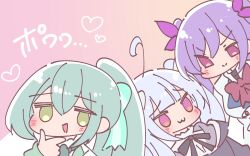 Rule 34 | &gt;:), 3girls, :3, :d, ahoge, assault lily, black ribbon, blunt bangs, blush, bow, bowtie, chibi, closed mouth, commentary request, gradient background, green bow, green bowtie, green eyes, green hair, grey hair, hair between eyes, hair bow, hair ribbon, hand on own chin, hand up, heart, herensuge girls academy school uniform, high ponytail, highres, honkawa works, jacket, long sleeves, looking at viewer, matsumura fuuka, miriam hildegard von gropius, multicolored background, multiple girls, neck ribbon, official alternate costume, official alternate hairstyle, open mouth, orange background, pink background, pink eyes, pink ribbon, ponytail, purple hair, red bow, red bowtie, ribbon, school uniform, shirt, smile, smirk, standing, striped bow, toki kureha, twintails, v-shaped eyebrows, white background, white jacket, white shirt, yurigaoka girls academy school uniform