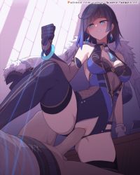 Rule 34 | 1boy, 1girl, animated, animated gif, arm support, bare shoulders, black hair, black thighhighs, blue eyes, blue hair, bracelet, breasts, clothed sex, crotch zipper, diagonal bangs, dice, earrings, elbow gloves, erection, genshin impact, gloves, hetero, indoors, jacket, jacket on shoulders, jewelry, large breasts, mole, mole on breast, parted lips, penis, pussy, sex, short hair, single elbow glove, solo focus, teeth, thighhighs, uncensored, vaginal, waero, white jacket, yelan (genshin impact), zipper