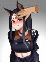 Rule 34 | 1girl, abs, absurdres, animal ears, arknights, arms behind back, black hair, black jacket, black pants, blush, breasts, brown eyes, chinese commentary, choker, closed mouth, collar, cowboy shot, crop top, disembodied limb, dobermann (arknights), dog ears, gradient background, grey background, hand on another&#039;s face, highres, jacket, large breasts, long hair, looking at viewer, midriff, mole, mole under eye, navel, pants, parted bangs, simple background, solo focus, spiked choker, spiked collar, spikes, straight hair, sweat, sweatdrop, thick eyebrows, wenzheng147