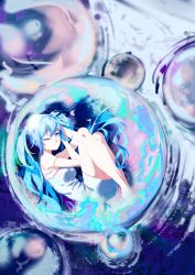 Rule 34 | 1girl, bare legs, blue hair, breasts, bubble, chinese commentary, closed mouth, commentary request, dress, hair between eyes, hands in hair, hatsune miku, highres, in bubble, long hair, looking at viewer, off-shoulder dress, off shoulder, one eye closed, solo, twintails, vocaloid, white dress, ya yan