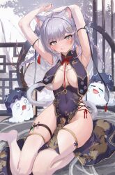 Rule 34 | 1girl, animal ears, arm strap, arms up, blush, breast curtains, breasts, cat ears, cat girl, cat tail, chinese clothes, commentary, commission, covered erect nipples, covered navel, dress, elbow gloves, english commentary, gloves, grey eyes, grey hair, hair ornament, highres, large breasts, looking at viewer, navel, no bra, no panties, original, pixiv commission, print dress, smile, solo, tail, thigh strap, thighhighs, thighs, tongue, tongue out, white thighhighs, yoyopipa