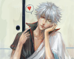 Rule 34 | 1boy, 8556705h, gintama, highres, japanese clothes, male focus, one eye closed, realistic, red eyes, sakata gintoki, short hair, solo, white hair, wink