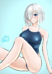 Rule 34 | 1girl, absurdres, blue background, blue eyes, blue one-piece swimsuit, breasts, competition school swimsuit, hair ornament, hair over one eye, hairclip, hamakaze (kancolle), highres, kantai collection, large breasts, one-piece swimsuit, onion (kumagaioyr), school swimsuit, short hair, signature, silver hair, simple background, sitting, smile, solo, swimsuit