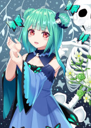 Rule 34 | 1girl, :d, animal, bare shoulders, blue dress, blue sleeves, blunt bangs, blush, bug, butterfly, commentary request, detached sleeves, double bun, dress, flower, green hair, hair bun, hair ornament, hands up, hololive, insect, long sleeves, looking at viewer, open mouth, red eyes, revision, ribs, skull, skull hair ornament, sleeveless, sleeveless dress, smile, solo, tukino neru, uruha rushia, uruha rushia (1st costume), virtual youtuber, white flower, wide sleeves