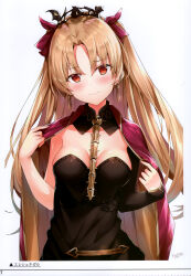 Rule 34 | 1girl, absurdres, artist name, between breasts, blonde hair, blush, breasts, cape, closed mouth, detached collar, earrings, ereshkigal (fate), fate/grand order, fate (series), gold trim, hair ornament, head tilt, highres, jewelry, long hair, looking at viewer, medium breasts, page number, red eyes, rin yuu, scan, shiny skin, signature, simple background, solo, upper body, wavy mouth, white background