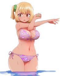 Rule 34 | 1girl, :o, bare legs, bare shoulders, bikini, blonde hair, blush, breasts, brown eyes, cleavage, commentary request, cowboy shot, curvy, dark-skinned female, dark skin, eyeshadow, green nails, gyaru, hair ornament, hair scrunchie, heart, heart print, highres, large breasts, lipstick, looking at viewer, makeup, medium hair, nail polish, navel, one side up, original, parted lips, purple bikini, red lips, scrunchie, side-tie bikini bottom, side ponytail, simple background, solo, standing, stretching, sumiyao (amam), sweat, swimsuit, wading, white background, wide hips